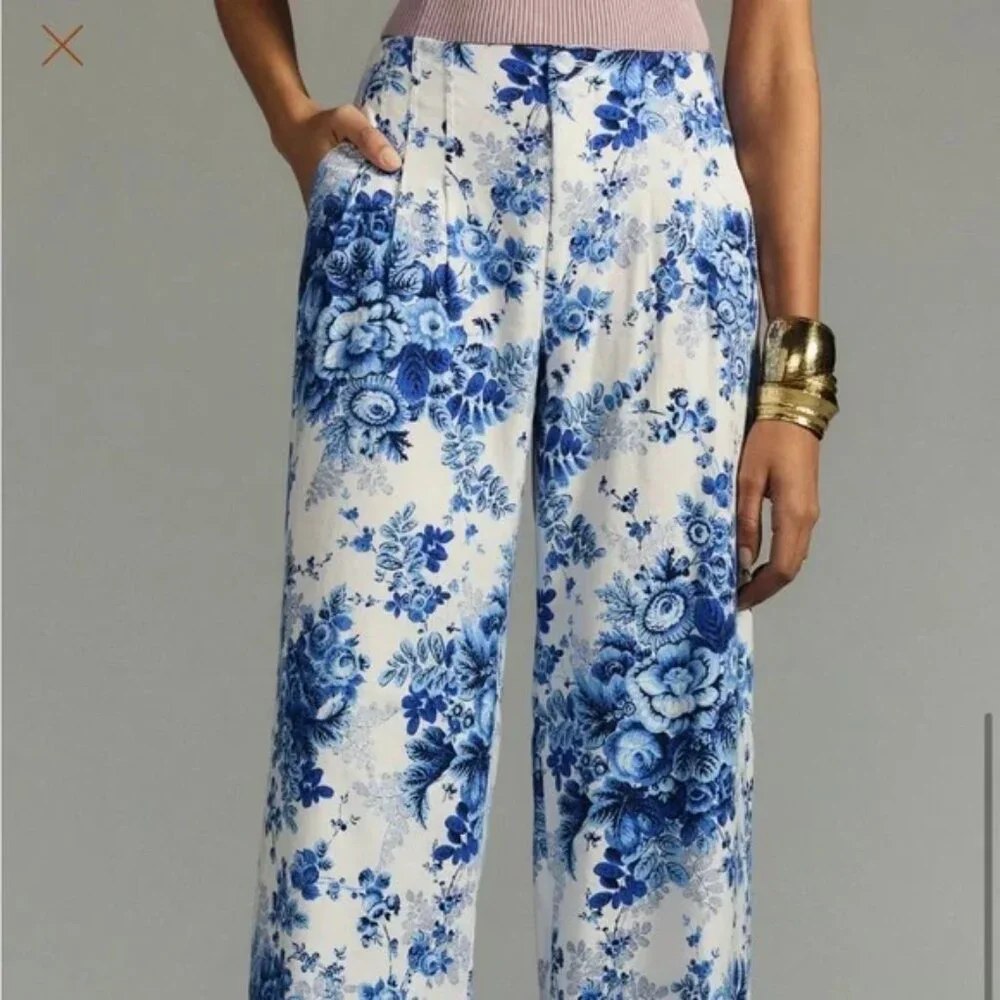 Maeve by Anthropologie White & Blue Floral Wide Leg Trousers, Size: 2 - Picture 4 of 5